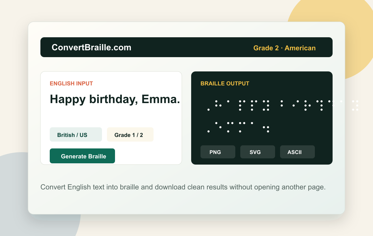 convert braille online tool screenshot showing English input and braille output